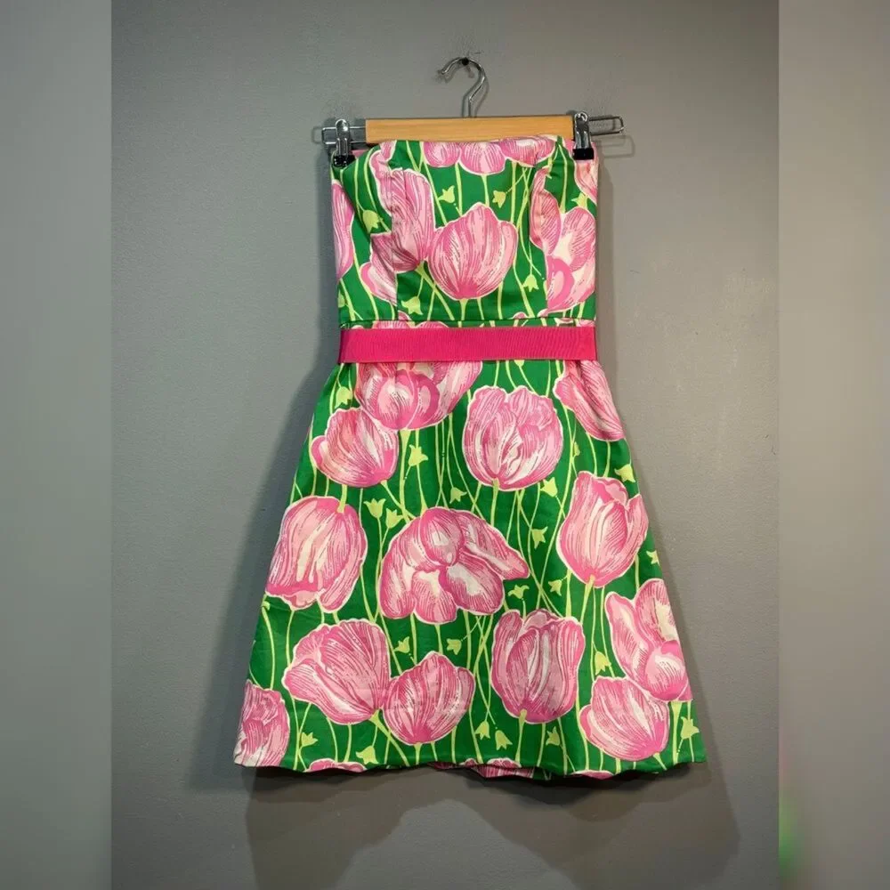 Green/Pink Lilly Pulitzer Vintage Strapless Tulip Print Dress Size 0 EUC - Picture 5 of 8
